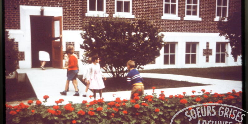 Children heading to the entrance of a building. A hedge with red flowers appears in the foreground