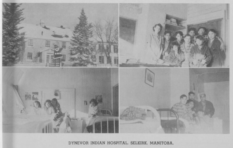 Four photos from Dynevor. One shows the exterior of the building with what appears to be a santa claus figure at the entrance. The other three images show groups of patients inside the hospital