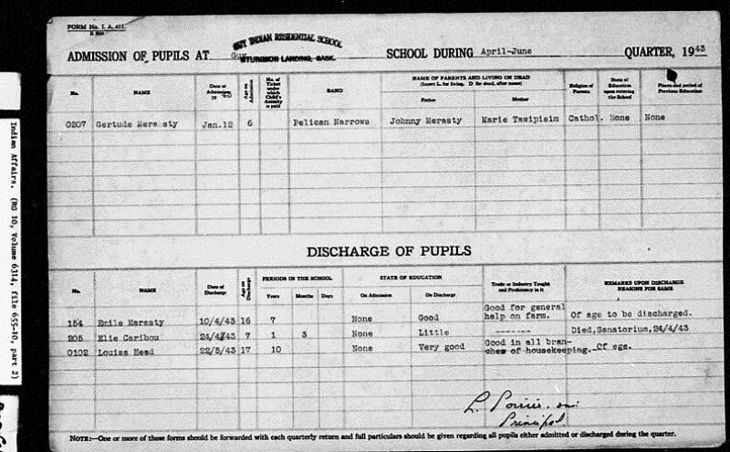 A residential school Admission and Discharge document