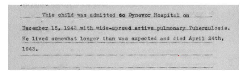 An excerpt of an archival document about a child at Dynevor Hospital