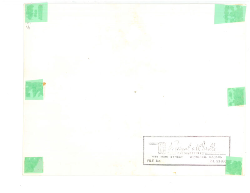 Verso: Photographer's stamp: "Portigal & Wardle Photographers 445 Main Street Winnipeg, Canada File No. PH. 93 636"