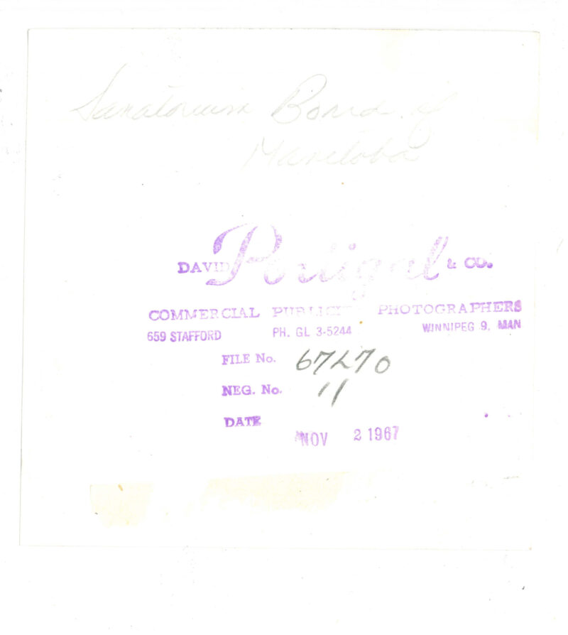 Verso: Photographer's Stamp: "David Portigal & Co. Commercial Publicity Photographer 559 Stafford PH. GL 3-5244 Winnipeg 9, Man. File No. 67L70 [in pencil] Neg. No  11 [in pencil] Date. Nov 2 1967." // Handwritten: "Sanatorium Board of Manitoba"