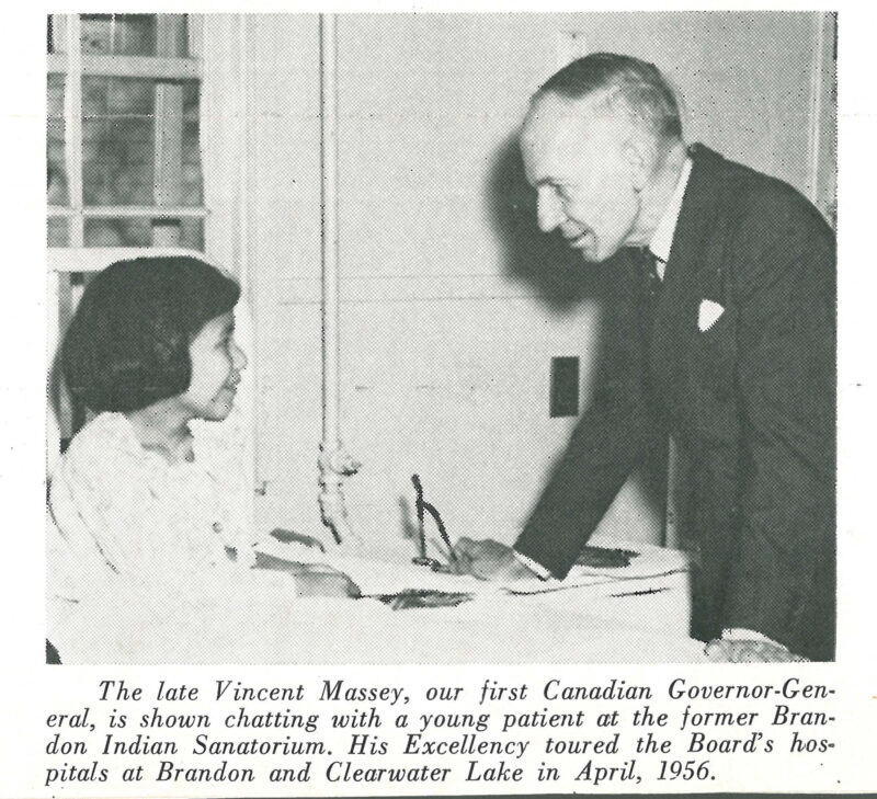 A young girl sitting in bed smiling at a man in a suit. A printed caption reads: "The Late Vincent Massey, our first Canadian Governor-General, is shown chatting with a young patient at the former Brandon Indian Sanatorium. His Excellency toured the Board's hospitals at Brandon and Clearwater in April, 1956"