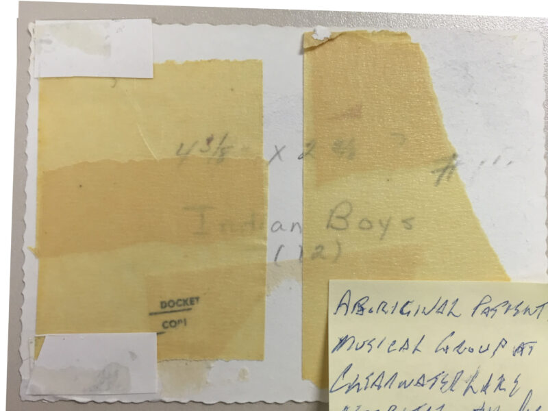 Verso: "Indian Boys (12)" Sticky note: "Aboriginal Patients Musical Group at Clearwater Lake Hospital, the Pas 1959"