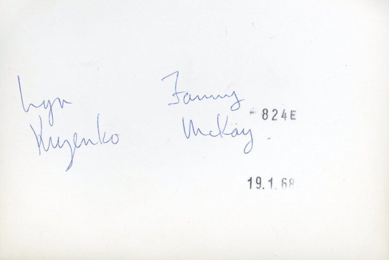 Verso: Handwritten: "Lyn Kyzenko Fanny McKay" Stamp: "-824E // 19.1.68"