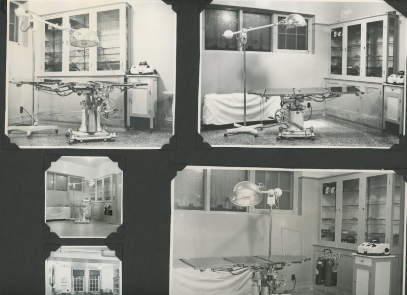 A page from a photo album with five photos, all showing the operating room of Ninette Sanatorium.