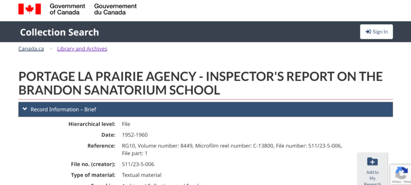 Screenshot of the Collection Search page of the Library and Archives website showing an Inspectors Report from the Portage la Prairie Agency