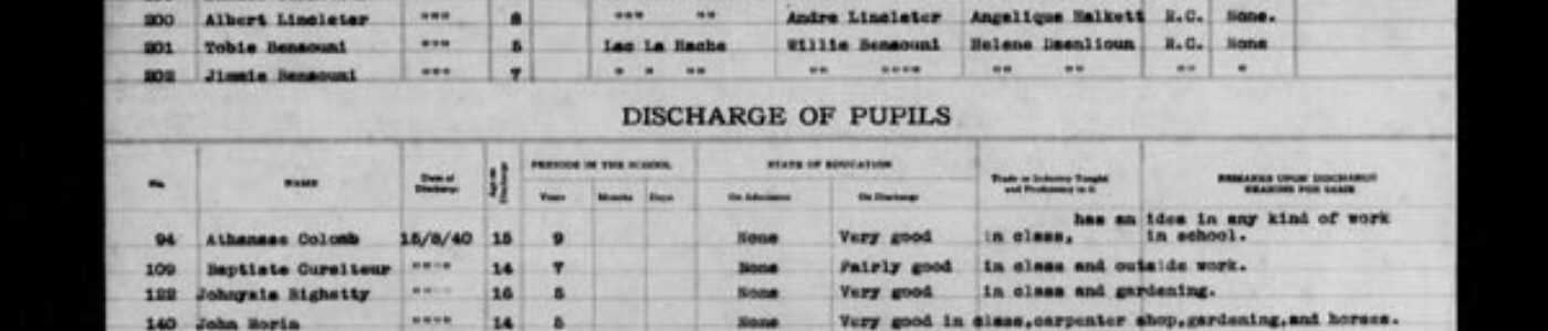 Archival document showing admissions and discharges of students from an Indian residential school
