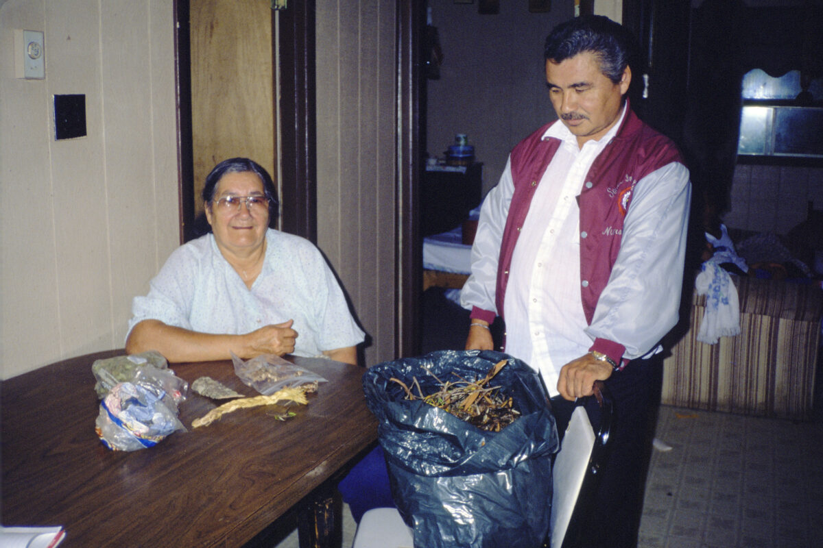 A man and woman with dried plants in bags.