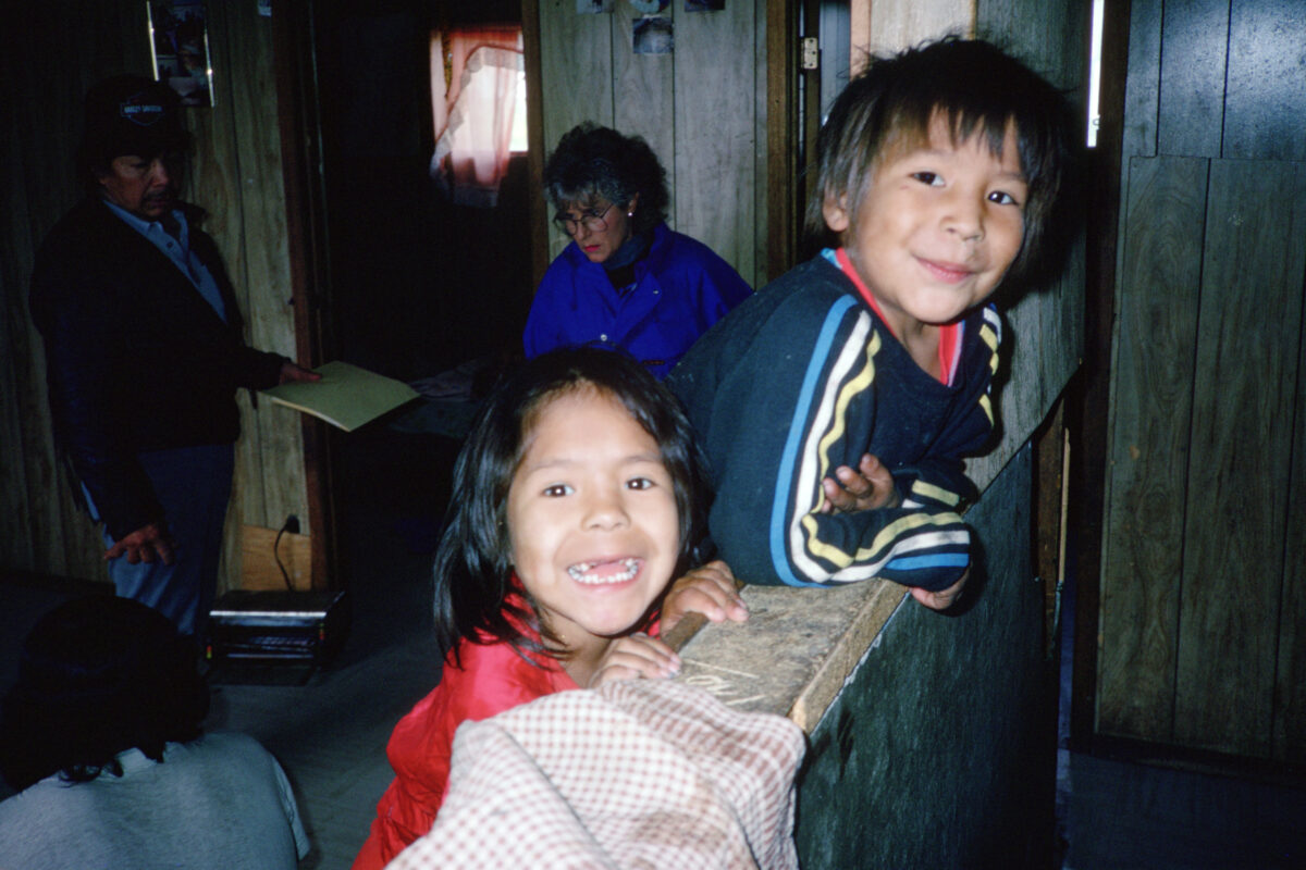 Two children happily look at the camera over a ledge. A man and woman stand in the background in a wood-panelled room.