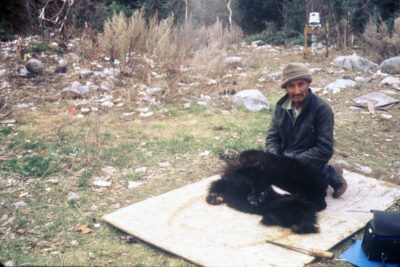 A man sits on a piece of plywood with a bear skin.