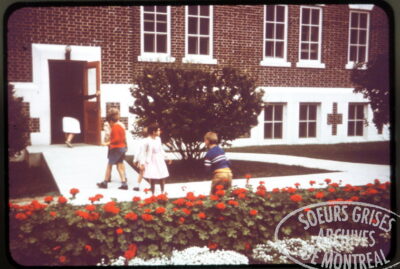Children heading to the entrance of a building. A hedge with red flowers appears in the foreground