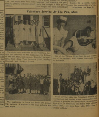 A newspaper clipping with four pictures showing activities of the Voluntary Service. The first photo shows five nurses standing at a doorway. The second photo shows a man playing a mandolin while a nurse tends to his foot. The third photo shows a group of men standing outside, many wearing plaid robes. The fourth photo shows a group of children with three women.