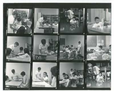 Photo contact sheet of 12 pictures of child patients in classroom with nurse teacher