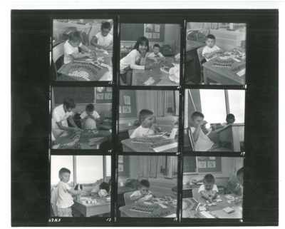 Photo contact sheet of 9 pictures of child patients in classrooms