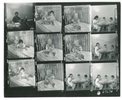 Contact sheet of 12 images of children with the Lung Association Christmas Seal stamps likely used as promotional pictures