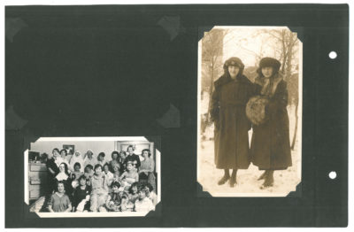 Page from photo album with two photographs. The photo on the left shows a group of people wearing costumes. The photo on the right shows two women in long fur-trimmed coats outdoors.