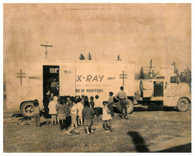 Sanatorium Board of Manitoba, Christmas Seals X-ray trailer with a group of children waiting outside