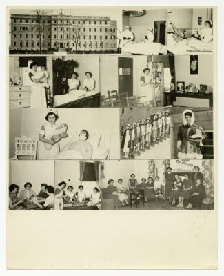 A collage of twelve different photos. From top right to bottom left:
-The entire outside of the front of the St. Anthony's hospital.
-A patient laying on a bed with a blanket on top of them and a hat on their head. Two medical professionals are standing at the bed wearing long sleeves, gloves, face mask, hat and glasses.
-A male patient is laying in bed, smiling at the camera. A nurse is standing beside his bed looking at him.
-A nurse is holding a small child. Behind them are a dresser with children's toys on top of it and a window with curtains.
-A patient is laying on a bed while a medical professional holds their held still. Another medical professional is moving a large machine toward the patient.
-A nurse is standing in an empty classroom. Inside the classroom are wooden desks, a life size skeleton, a table with various human body replicas on top of it.
-A nurse is standing next to a bed holding a mannequin baby. In the bed is an adult mannequin. Behind the nurse is crib for the baby.
-Nine female nurses are standing on the outside steps of the St. Anthony's Hospital. There is one nurse on each step. 
-A woman is standing in front of a building wearing a fur trimmed coat. She is holding a pair of ice skates over her shoulder.
-Four women are sitting at a wooden table playing a card game.
-Three nurses are sitting at a table having something to eat. A fourth nurse is standing in front of the table pouring a cup of coffee.
-In a living room eleven women are sitting and standing together. One woman is holding a doll that is dressed as a drummer