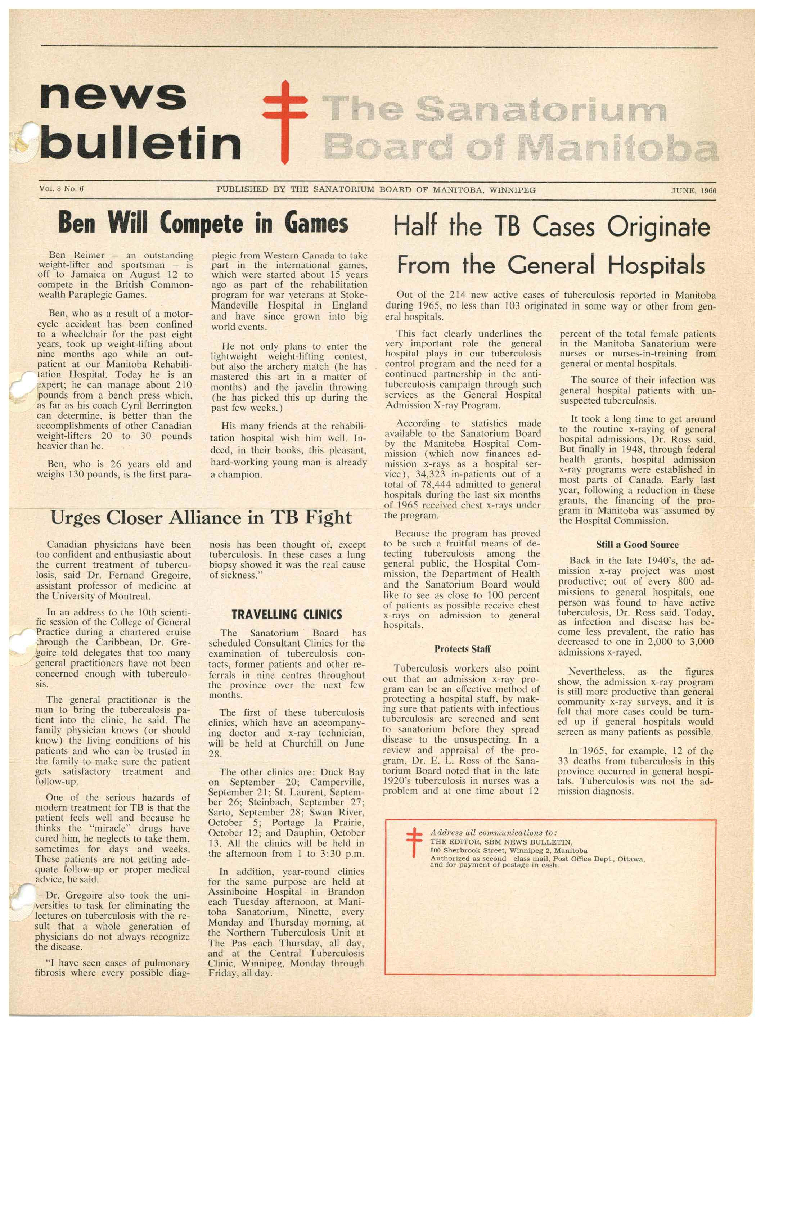 Image of cover: Sanatorium Board of Manitoba - News Bulletin - June 1966