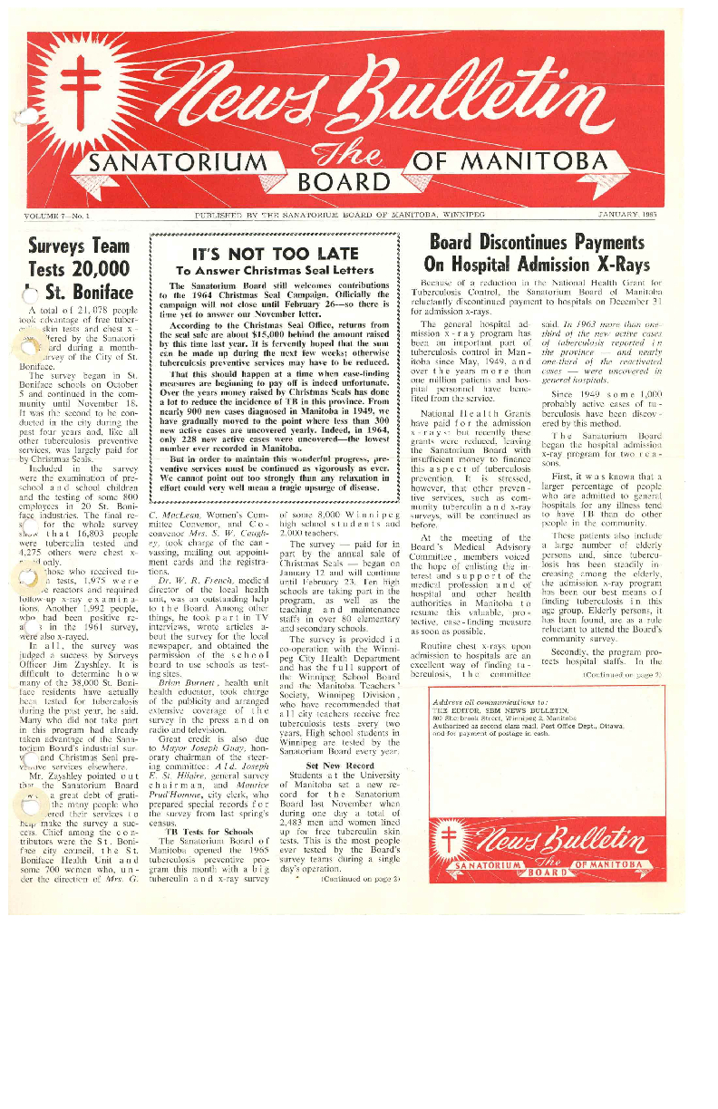 Image of cover: Sanatorium Board of Manitoba - News Bulletin - January 1965