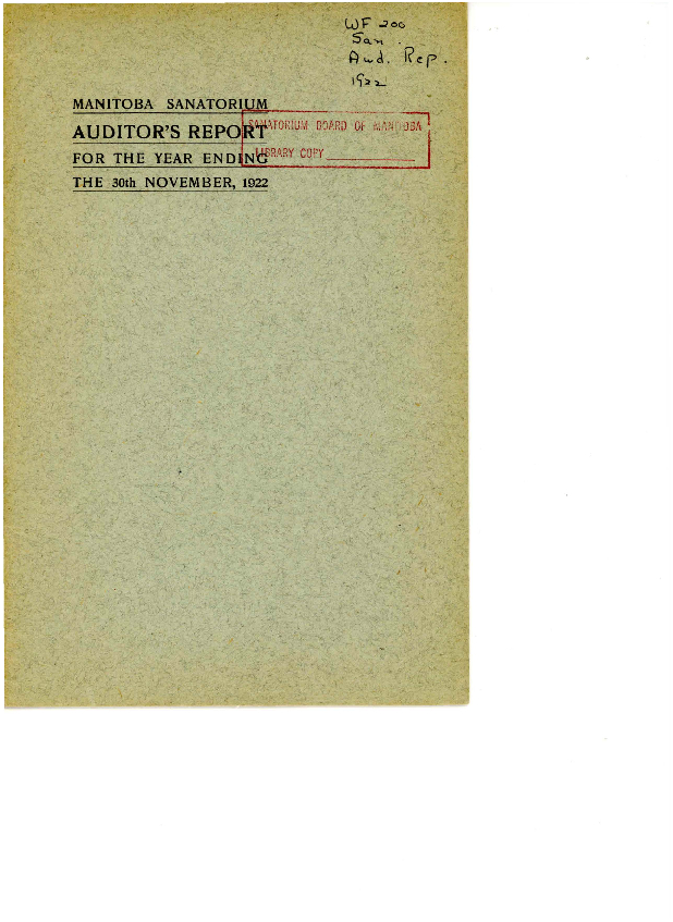 Image of cover: Manitoba Sanatorium - Auditor's Report - 1922