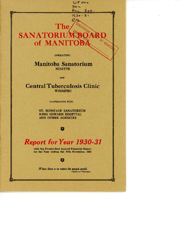Image of cover: Sanatorium Board of Manitoba - Report for Year 1930-31