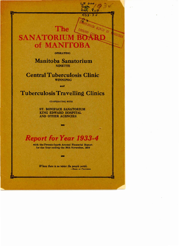 Image of cover: Sanatorium Board of Manitoba - Report for Year 1933-4