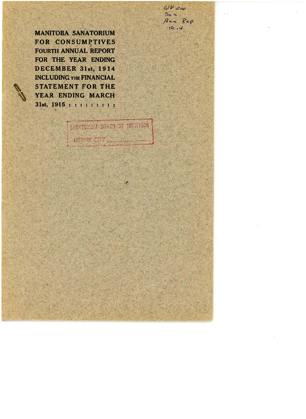 Image of cover: Manitoba Sanatorium - Annual Report 1914