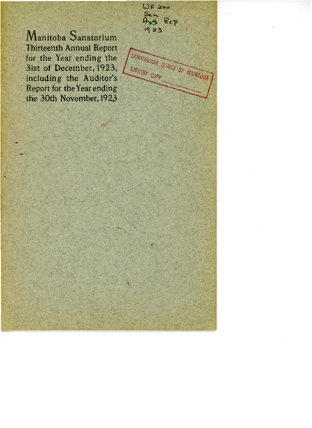 Image of cover: Manitoba Sanatorium - Auditor's Report 1923