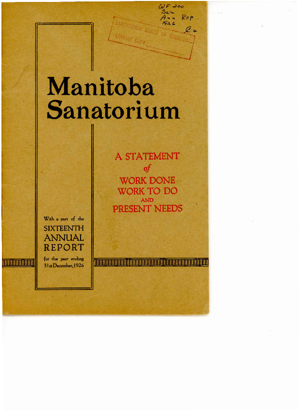 Image of cover: Manitoba Sanatorium - Annual Report 1926