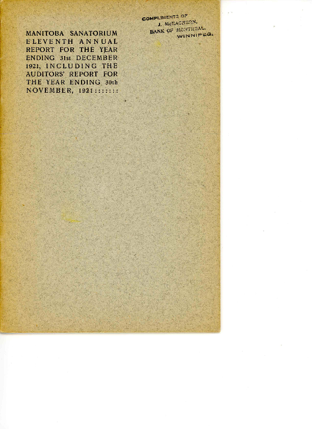 Image of cover: Manitoba Sanatorium - Auditor's Report 1921