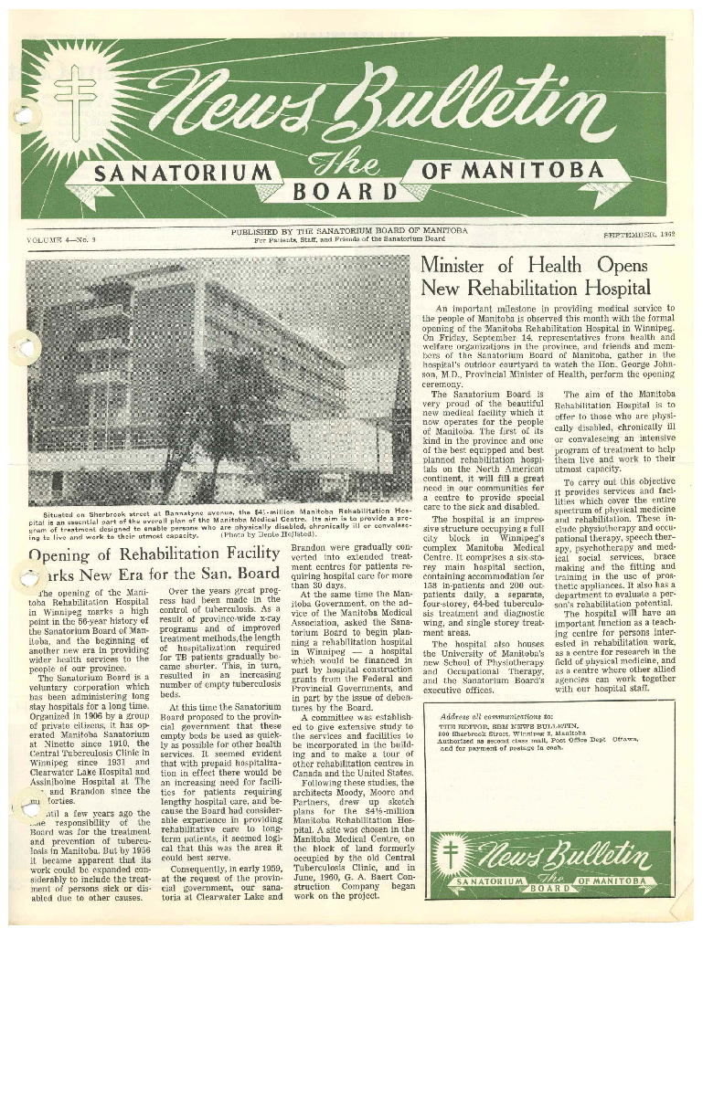 Image of cover: Sanatorium Board of Manitoba - News Bulletin - September 1962