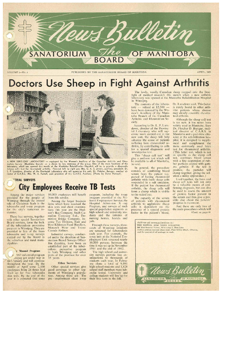 Image of cover: Sanatorium Board of Manitoba - News Bulletin - April 1963